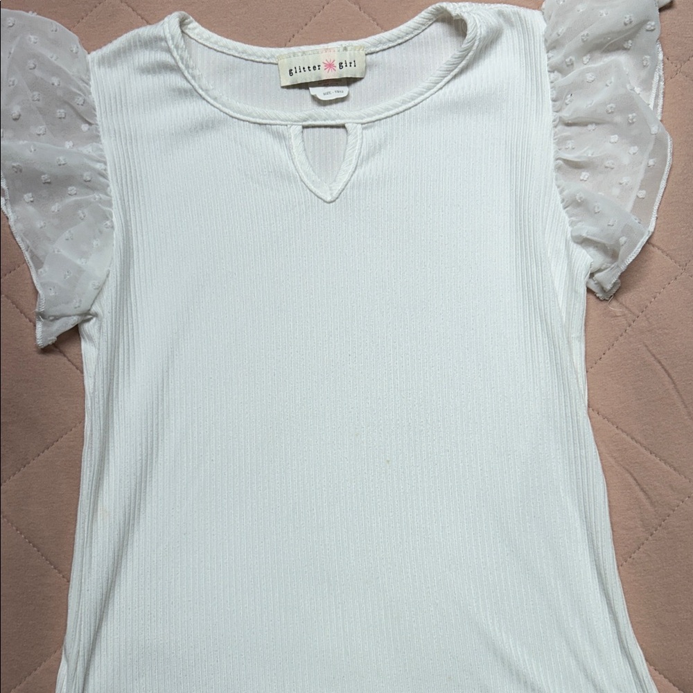 Glitter Girl White Ribbed Top with Sheer Dot Flutter Sleeves